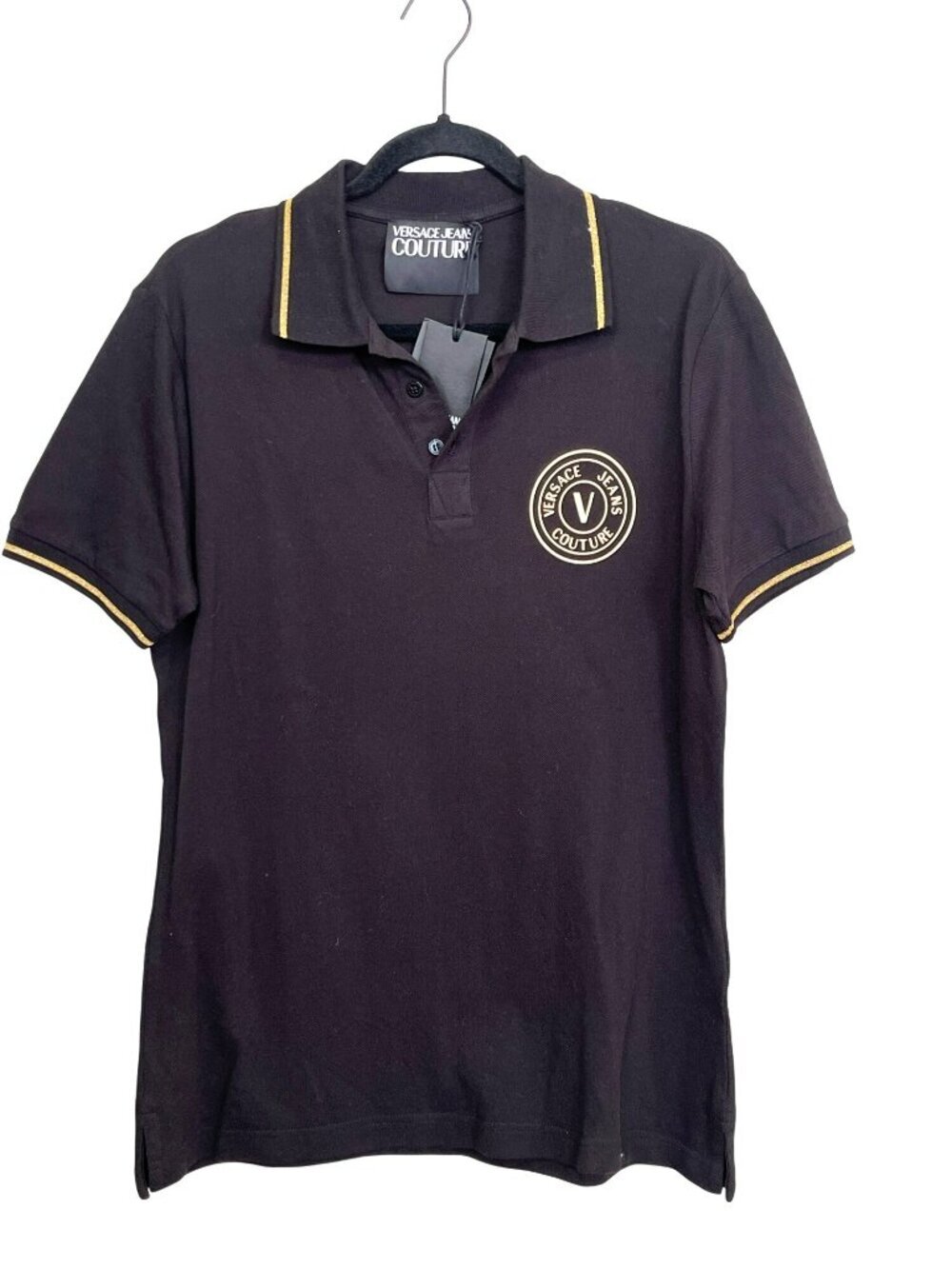 Versace Jeans Couture Mens Black Polo Shirt Gold Logo Medium New